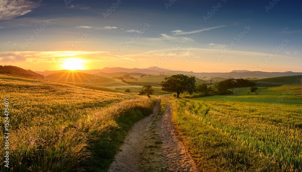 Obraz premium serene countryside landscape with rolling green fields a dirt path leading into the horizon and a golden sunrise casting a warm glow over the rural scenery