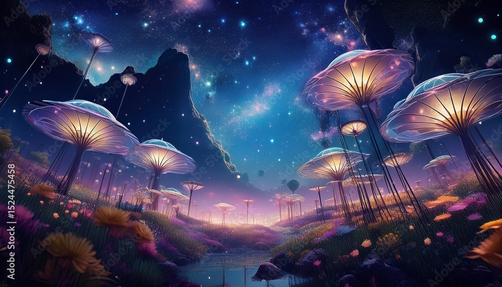 Obraz premium floating gardens of a celestial night sky
