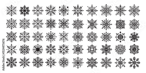 Fine outline icons of winter snow flakes in geometric balance, perfect for cold season artwork and New Year projects