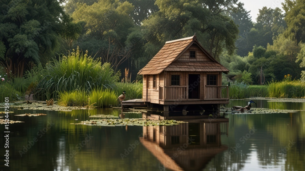 Wooden cabin on a pond, tranquil setting Wooden cabin on a pond, tranquil setting