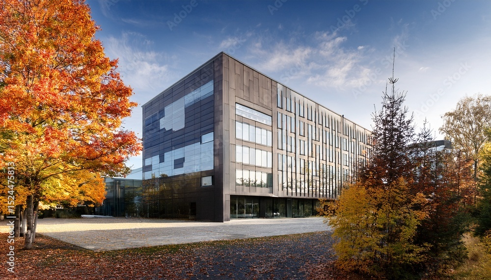 Obraz premium a modern office building surrounded by trees in the fall