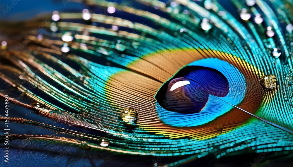 Fototapeta premium a close up of a blue and gold peacock feather with water droplets glistening on its surface
