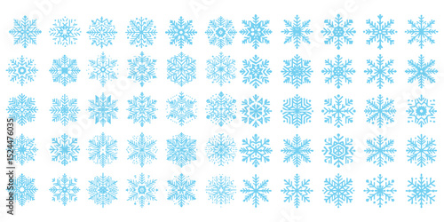 Minimalist vector icons of snow flakes in graceful patterns and linear forms perfect for wintertime, New Year, and holiday visuals
