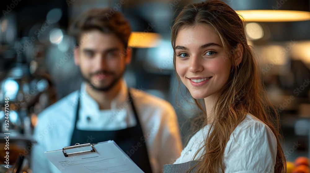 Fototapeta premium Smiling woman in apron holds clipboard, man in chef's uniform in background. Restaurant staff portrait