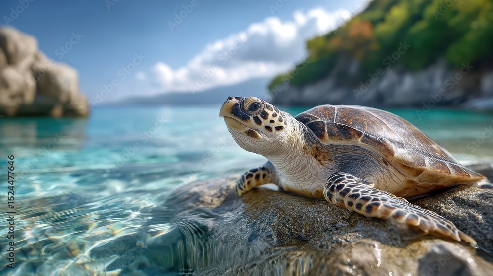 Obraz premium A beautiful sea turtle basks on a rock surrounded by crystal-clear water, showcasing the serenity of nature and the vibrant colors of the ocean environment on a sunny day.