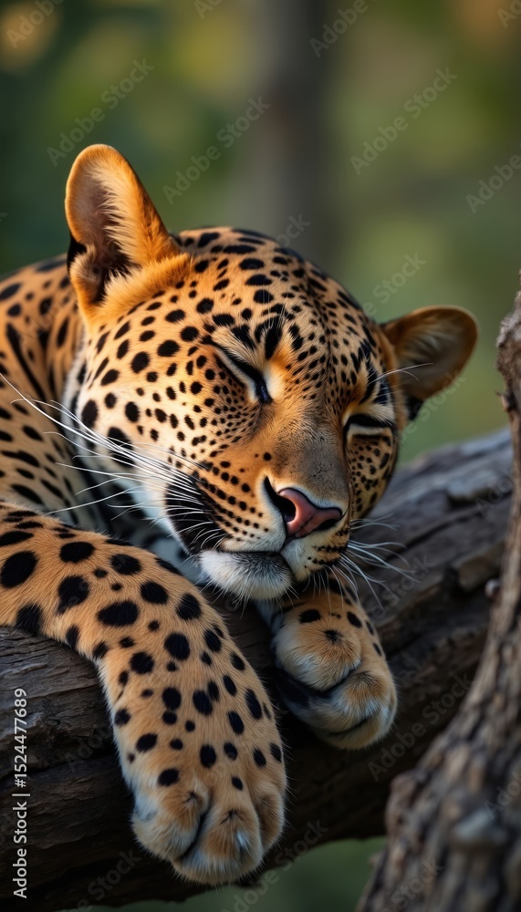 Fototapeta premium Close-up of a leopard sleeping peacefully in tree. Leopard head, paws spotted pattern in detail. Wild big cat rests, relaxing under sunlight. Kruger National Park South Africa.