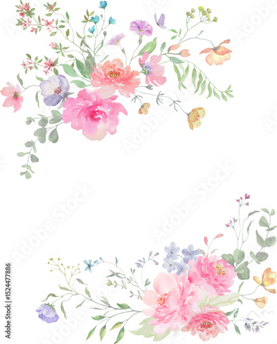  Watercolor floral frame with painted gentle flowers, eucalypt, herbs, butterfly. Hand-drawn floral illustration. For invitations, greeting cards. Vector EPS.