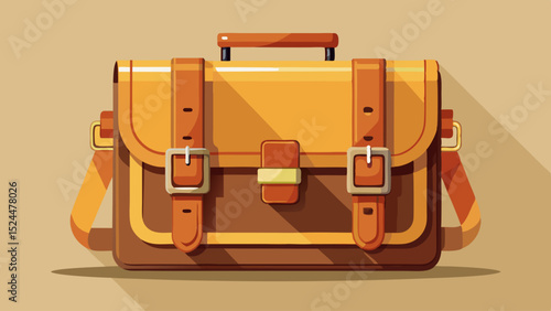 Tan satchel in flat design with flap and double straps. The warm tone and symmetric layout reflect a vintage charm. Simple shadow adds light depth to a white canvas.