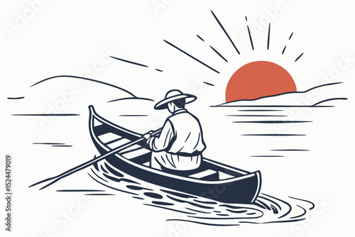 Fisherman in a boat on the lake. Vector illustration.