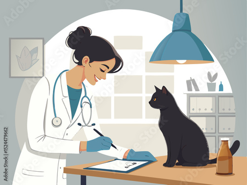 Woman vet in lab coat with stethoscope calmly treating cat at veterinary table