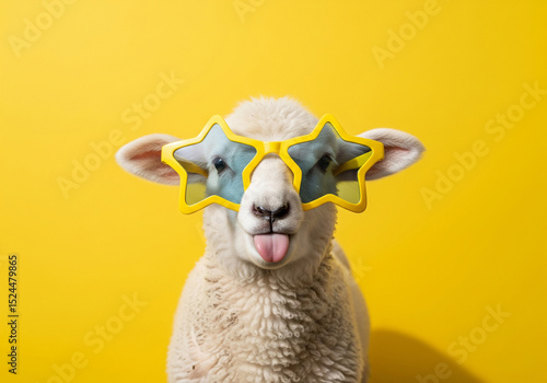 Adorable lamb in yellow star sunglasses, tongue out, on a bright yellow background. Perfect for funny animal, humor, and quirky themes