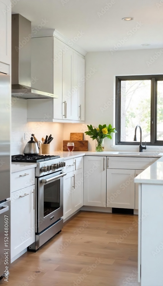 Fototapeta premium A sleek, modern counter kitchen with stainless steel appliances and ample workspace, featuring white cabinetry and quartz countertops Perfect for a contemporary home design , storage, quartz