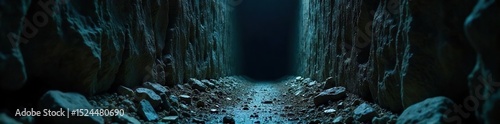 A dark, narrow passage descends steeply into an unseen abyss, littered with debris and ominous shadows; a visual metaphor for a perilous and inescapable situation , danger, unease