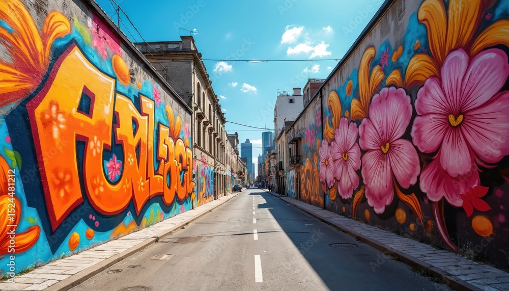 Naklejka premium Urban graffiti art on building walls with flowers and abstract art. Street art in a city downtown on sunny day. Beautiful creative illustration in summer style on a buildings.