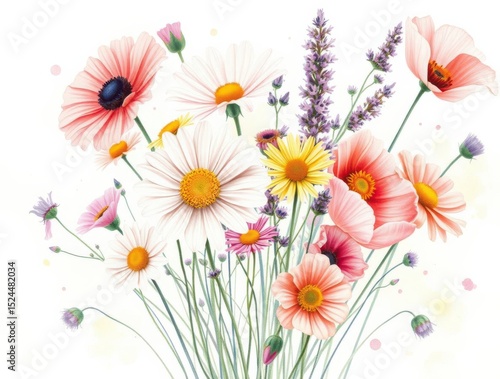 Watercolor floral bouquet featuring daisies, poppies, and lavender against a soft, bright background.