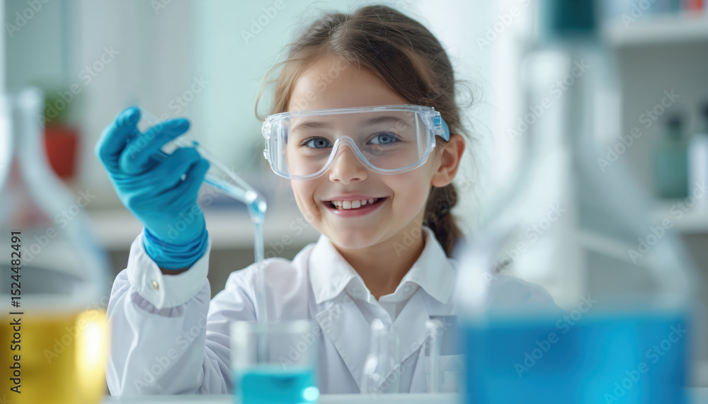 Young girl smiling in science lab, wearing protective goggles. Child performs science experiments using chemical liquids. Education concept. Future scientist. Research in medicine, chemistry. Kid Young girl smiling in science lab, wearing protective goggles. Child performs science experiments using chemical liquids. Education concept. Future scientist. Research in medicine, chemistry. Kid