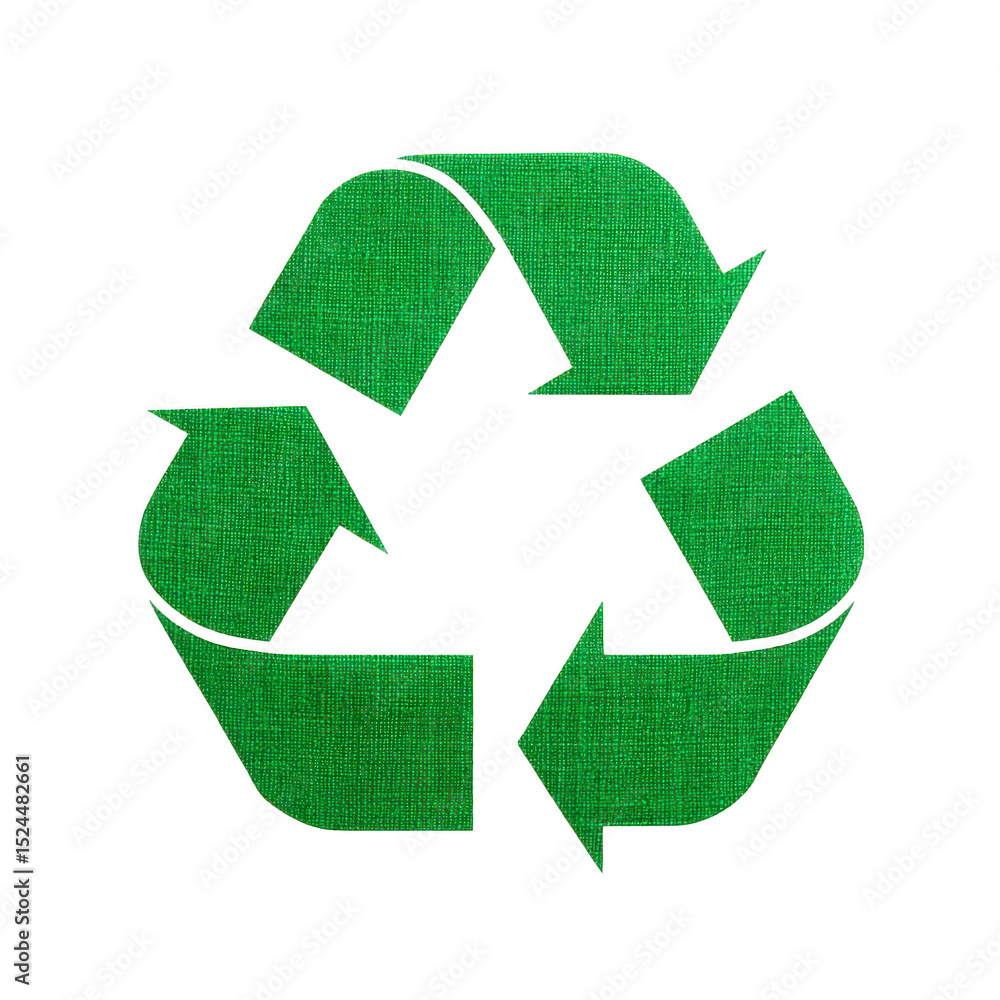 Obraz premium Green textured recycling symbol with three arrows forming triangle, representing sustainability and environmental conservation. design emphasizes eco friendly practices