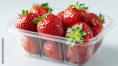 A 4K photo of strawberry in a plastic container is showcased against a white background. This image features strawberries in a clear punnet, providing a closeup front view.