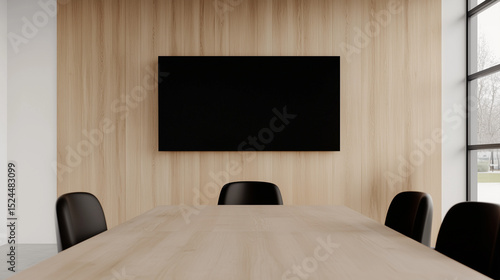 Modern conference room with wooden paneling and large screen  