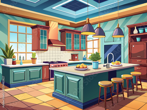 vector of Kitchen island in modern luxury kitchen interior.