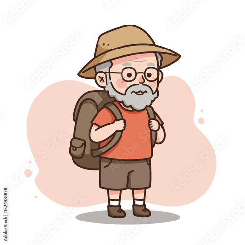 Retired traveler with backpack standing in casual attire  