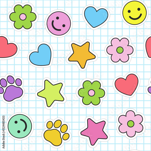 Cute vector stickers seamless pattern. Colorful cartoon graphic smiley face, flower, heart, paw, and star pattern on separate grid background pattern. For kids, school, pediatrics, daycare. 