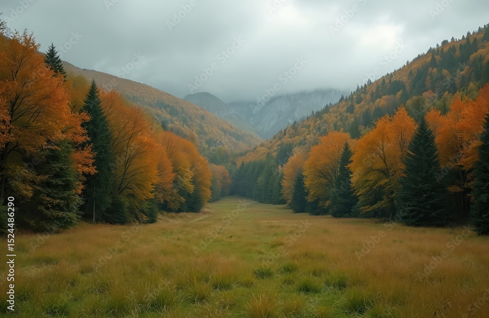 Autumnal scenic landscape with trees field. Fall colors orange yellow green foliage. Serene forest scene, fog. Peaceful nature, golden hour, scenic travel, misty morning, relaxing. Autumnal scenic landscape with trees field. Fall colors orange yellow green foliage. Serene forest scene, fog. Peaceful nature, golden hour, scenic travel, misty morning, relaxing.