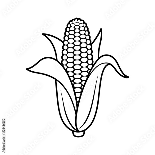 Illustration of an ear of corn with kernels and husks in black and white line art style drawing design