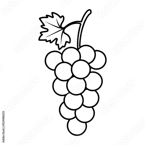 Illustration of a bunch of grapes with a leaf and stem in black outline on a white background