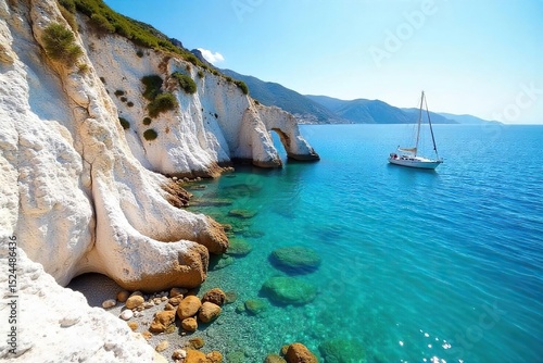 Sun-drenched Aegean Sea, crystal-clear turquoise waters lapping gently against whitewashed rocks Ideal for travel, vacation, summer, and Mediterranean themes , coast, Greek waters, calm