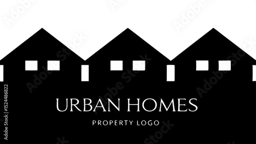 A minimalist logo design featuring three simple houses in a row, each outlined in bold black lines, with identical geometric shapes and small rectangular windows. The middle house is slightly taller. 