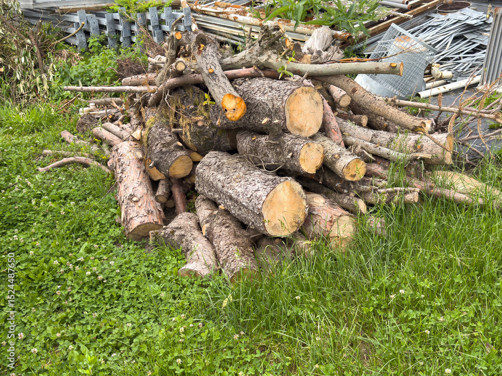 Fototapeta premium Pile of cut tree logs on green grass in natural outdoor setting