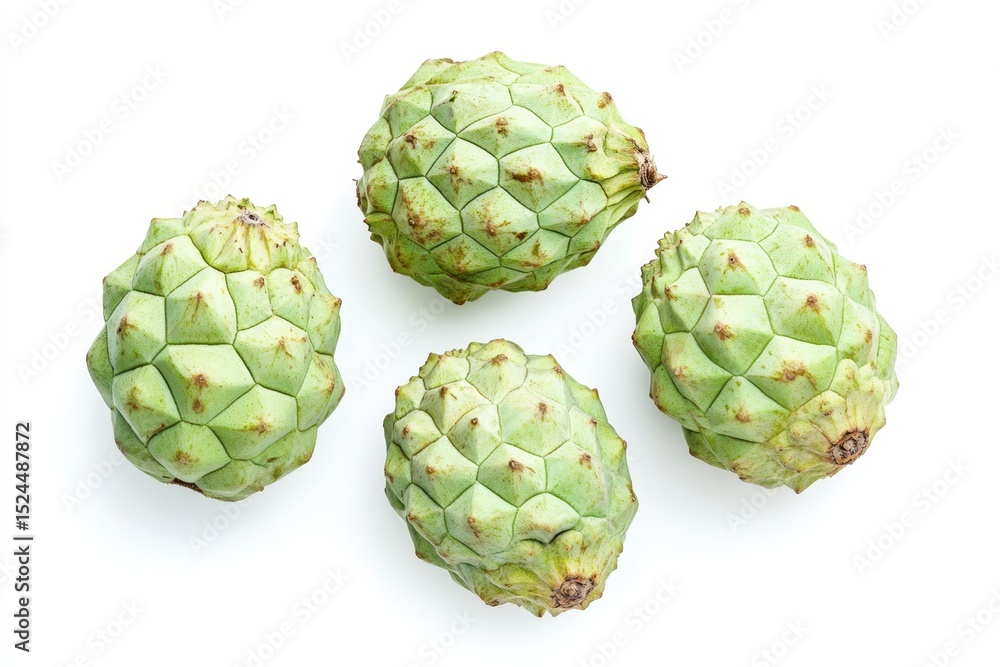 Obraz premium Four cherimoya fruits isolated on white background, a tropical and exotic delight