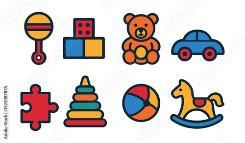 Flat vector icons of baby toys: rattle, building blocks, teddy bear, toy car, puzzle piece, stacking rings, ball, rocking horse.