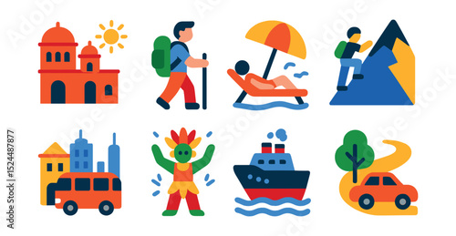Flat vector icons of travel activities: sightseeing, backpacking, beach relaxation, mountain climbing, city tour, cultural festival, cruise ship, road trip.