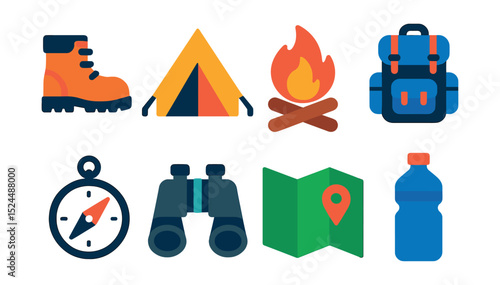 Flat vector icons of outdoor activities: hiking boot, tent, campfire, backpack, compass, binoculars, map, water bottle.
