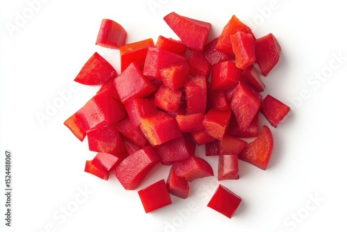 Pile of diced red bell pepper isolated on white background, vibrant and fresh