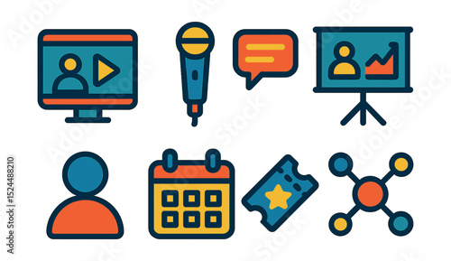 Flat vector icons of virtual events & conferences: webinar screen, microphone, chat window, presentation slide, attendee avatar, calendar, ticket, network connection.