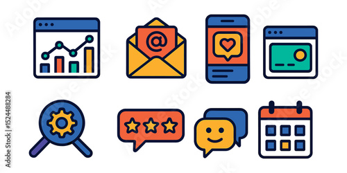 Flat vector icons of online business tools: website analytics, email marketing, social media post, payment gateway, SEO, customer review, chat support, content calendar.