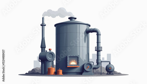 Industrial furnace illustration with pipes and gauges, commercial design