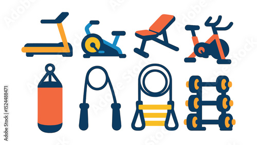 Flat vector icons of gym equipment: treadmill, rowing machine, weight bench, stationary bike, punching bag, jump rope, resistance bands, dumbbells rack.