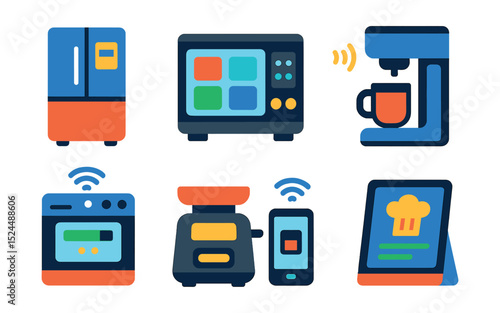 Flat vector icons of smart kitchen gadgets: smart fridge, touchscreen oven, voice-controlled coffee maker, smart blender, connected dishwasher, kitchen scale with app, smart toaster, recipe assistant