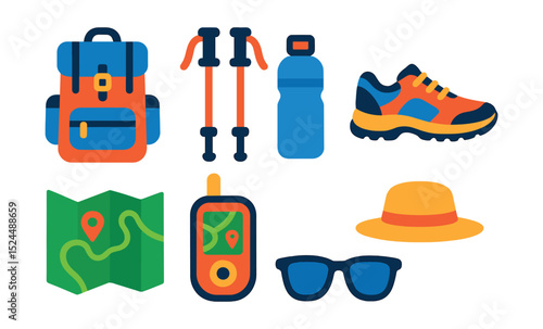 Flat vector icons of hiking gear: backpack, trekking poles, water bottle, trail shoes, map, GPS device, hat, sunglasses.