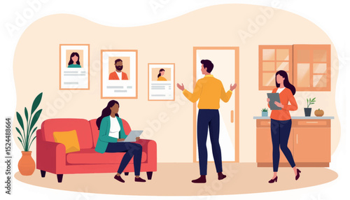 Real estate agent engaging with prospective renters in modern apartment, home search