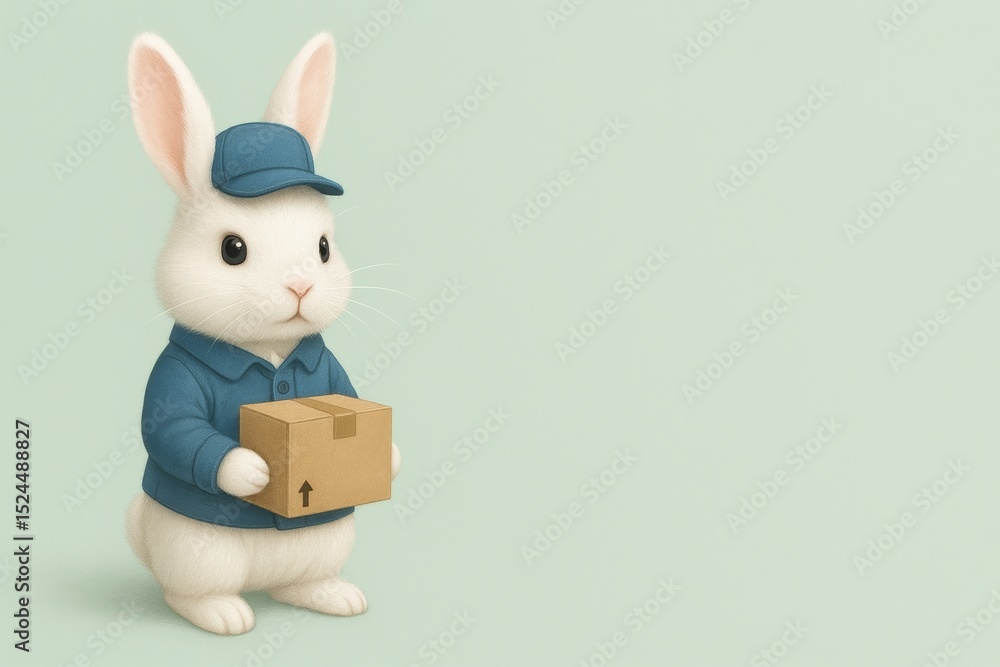 Obraz premium A cute cartoon rabbit wearing a blue delivery uniform holds a cardboard box. The background is a soft pastel green, creating a cheerful atmosphere.