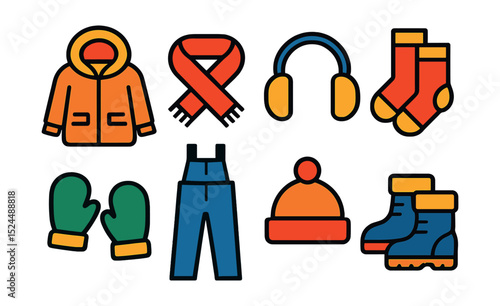 Flat vector icons of winter clothing: parka, scarf, earmuffs, thermal socks, mittens, snow pants, wool hat, insulated boots.