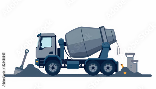 Minimalistic concrete mixer illustration in geometric style, construction concept