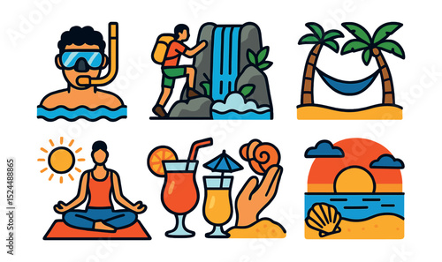Flat vector icons of tropical vacation activities: snorkeling, hiking waterfall, island boat tour, hammock, beach yoga, tropical drinks, seashell collecting, sunset watching.