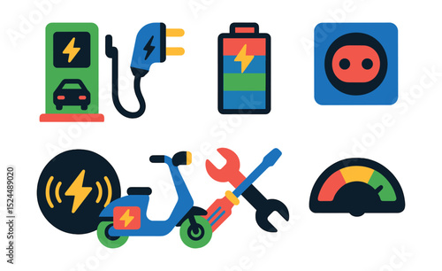 Flat vector icons of Electric Vehicles & Charging: electric vehicle charging station, fast charger cable, battery charging indicator, charging socket, wireless charging pad, electric scooter, EV