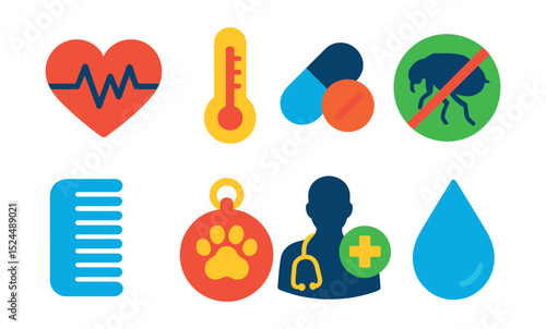 Flat vector icons of pet health monitoring: heart rate, temperature check, medication, flea prevention, grooming comb, pet ID tag, vet visit, hydration reminder.